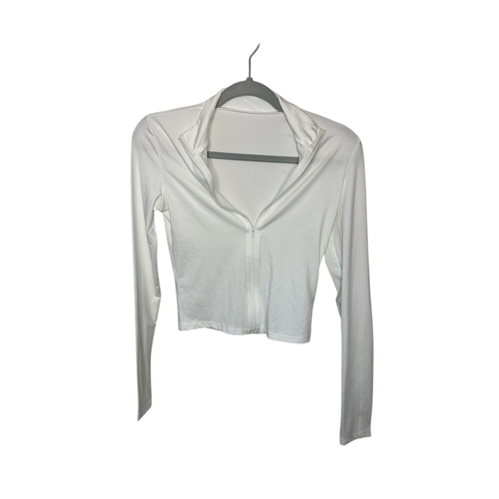 White Commense Cropped Zip Up‎ Long Sleeve Athleisure Top